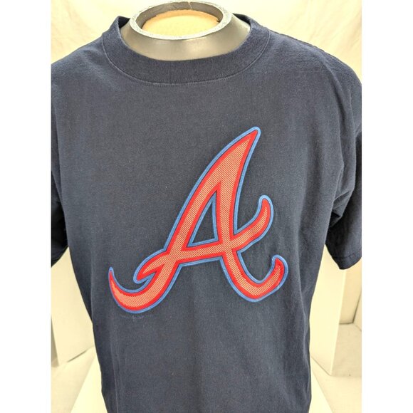 Majestic Atlanta Braves Men Blue T Shirt with Script Logo A in Red Size L - Picture 2 of 8